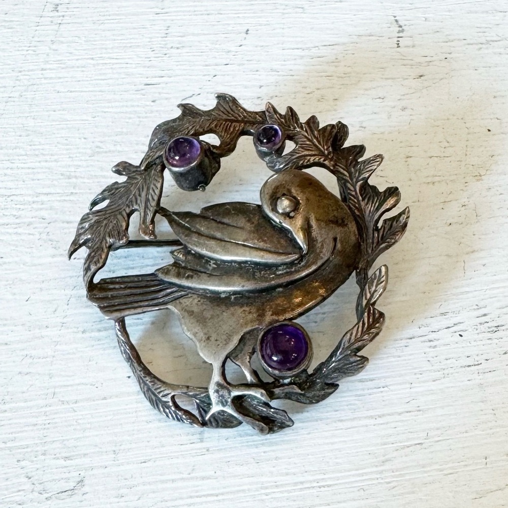 Vintage Sterling Silver & Amethysts Dove Brooch Marked